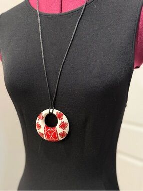 Ceramic Folk Art Statement Pendant Red Embroidery Motif Necklace